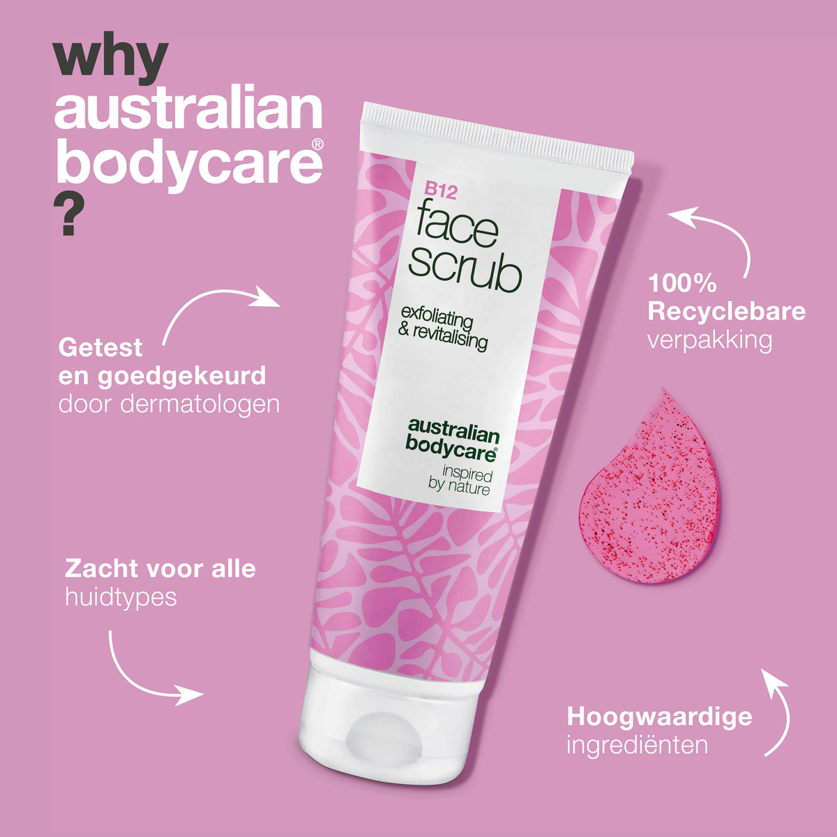 Gezichtsscrub voor doffe huid – met B12 en fruitzuren — Gezichtsscrub voor doffe huid. Met vitamine B12, glycolzuur en abrikozenpitten voor een gladdere, stralende huid.