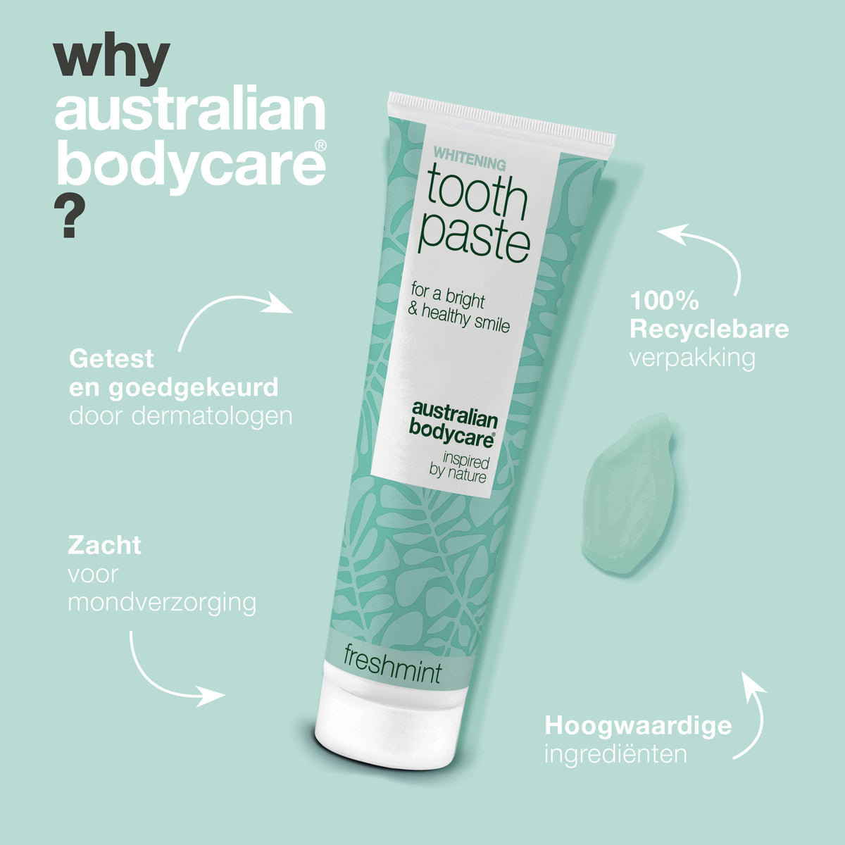 Whitening Tandpasta – Verwijdert vlekken en geeft witte tanden — Tandpasta die gele tanden bestrijdt en het glazuur versterkt. Met gehydrateerd silica, alumina en menthol voor een frisse adem.
