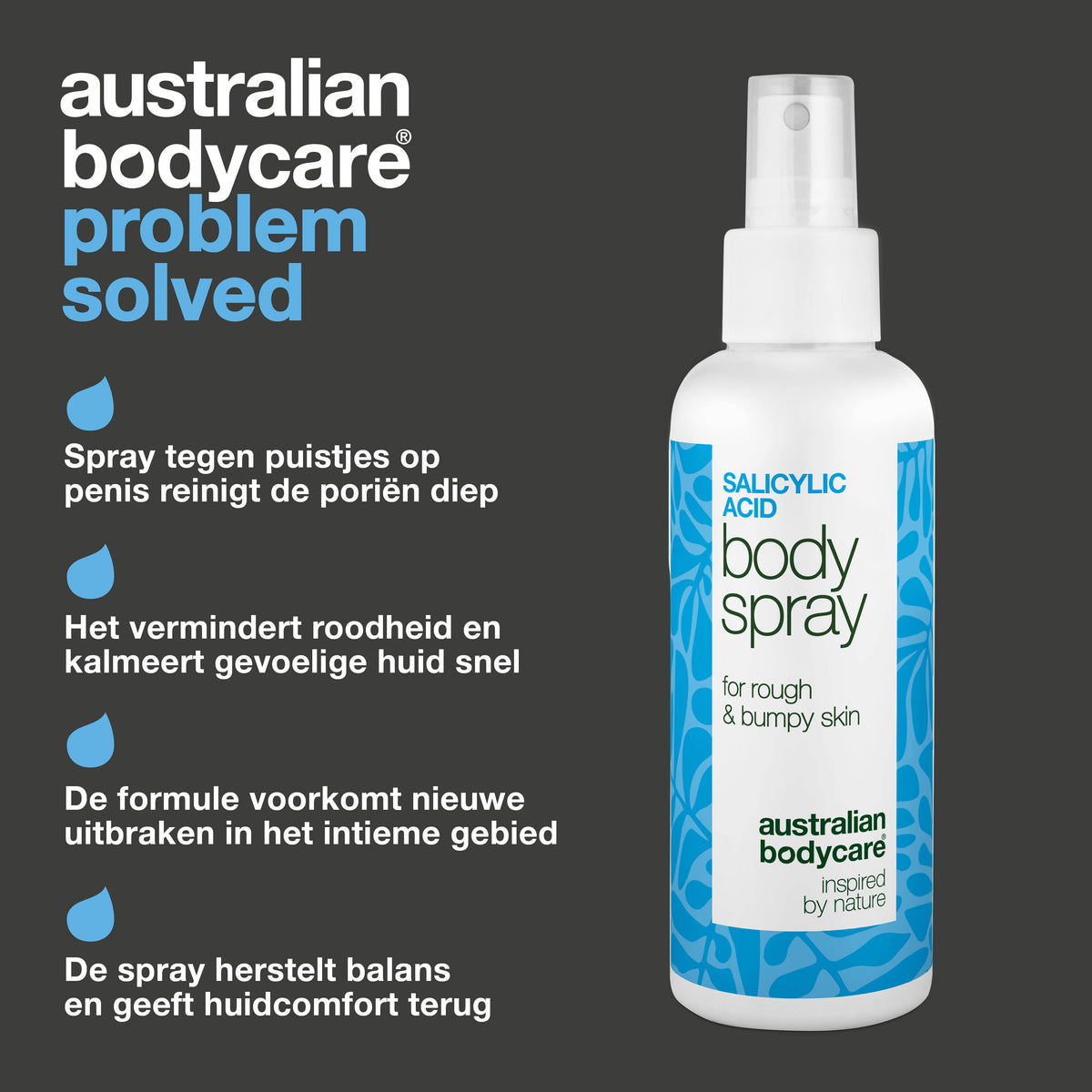 Spray tegen puistjes op penis – vermindert roodheid en vuil — Spray tegen puistjes op penis vermindert roodheid en onzuiverheden. Met salicylzuur, glycolzuur, zink, panthenol en glycerine.