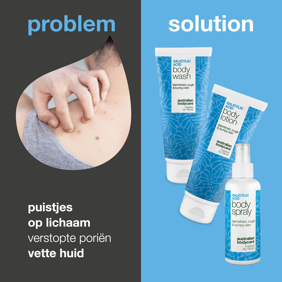 Lichaamsverzorgingsset tegen puistjes – schone en gladde huid — Verzorgingsset tegen puistjes en onzuiverheden. Reinigt poriën diep met salicylzuur, niacinamide en zink voor een gladdere huid.