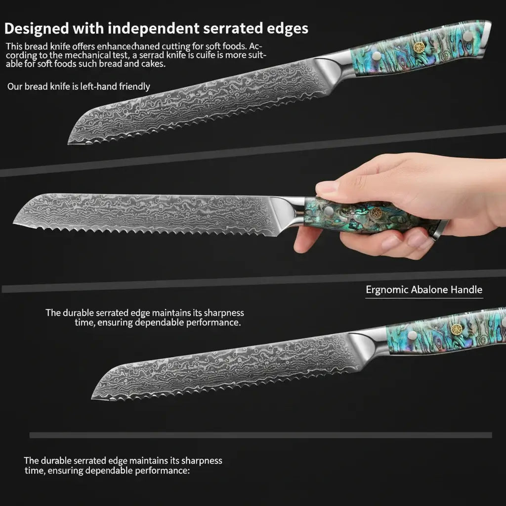 8 Inch Damascus Bread Knife 67-Layer Steel, Abalone Shell Handle