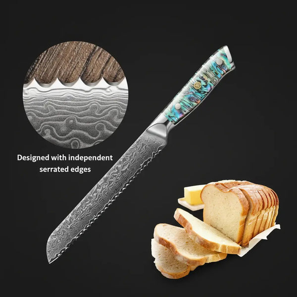 8 Inch Damascus Bread Knife 67-Layer Steel, Abalone Shell Handle