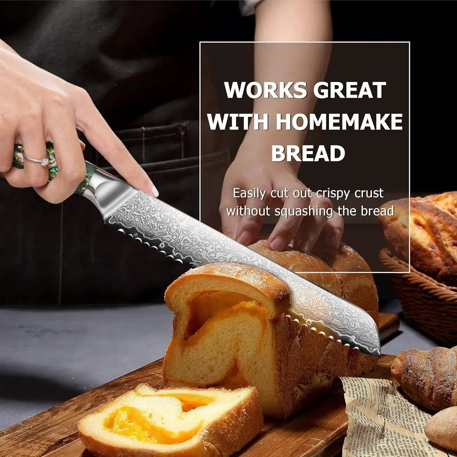 8 Inch Damascus Bread Knife 67-Layer Steel, Abalone Shell Handle