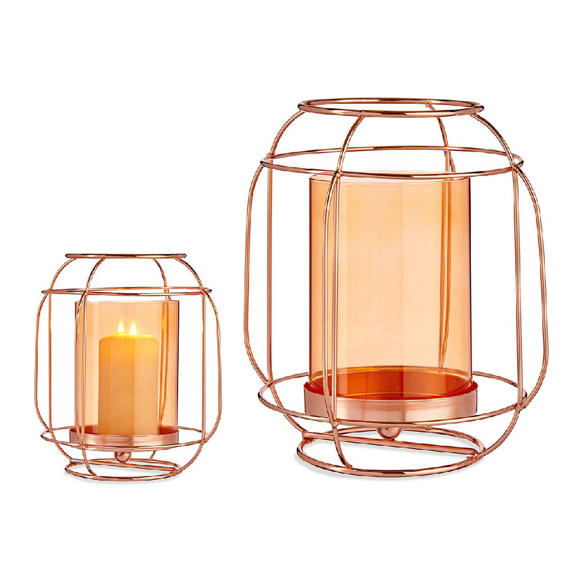 Candleholder Gift Decor Copper Amber Metal Glass 19 x 20 x 19 cm Lantern