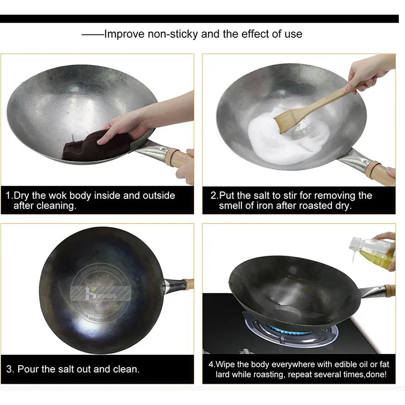 32cm Hand-Forged Iron Wok Pure Iron Non-Coated Stir Fry Pan Brown