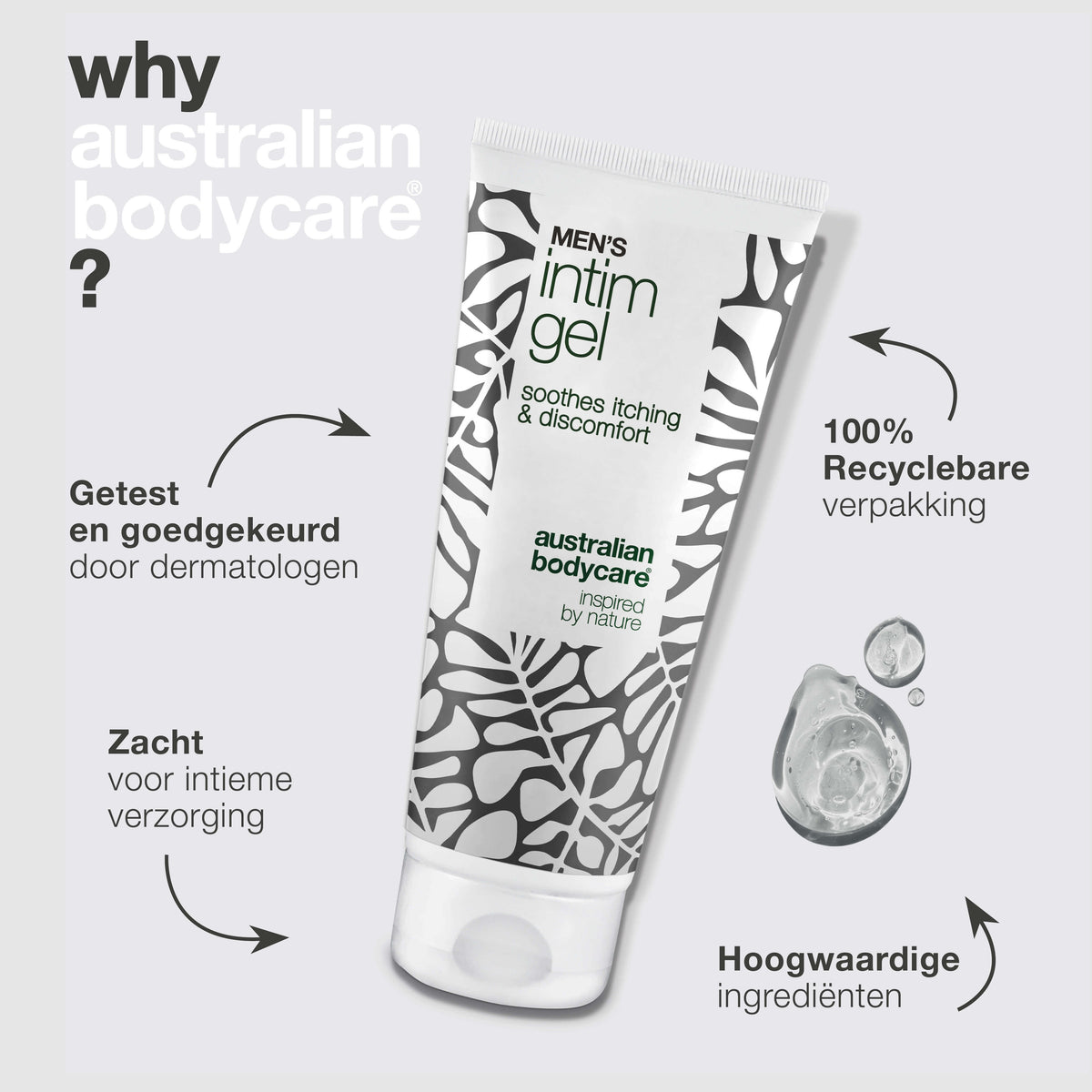 Intieme gel voor mannen – Verlicht jeuk en irritatie — Zeg jeuk en ongemak vaarwel met Men’s Intimate Gel. Houdt de huid fris en in balans met een niet-vette, snel absorberende formule.