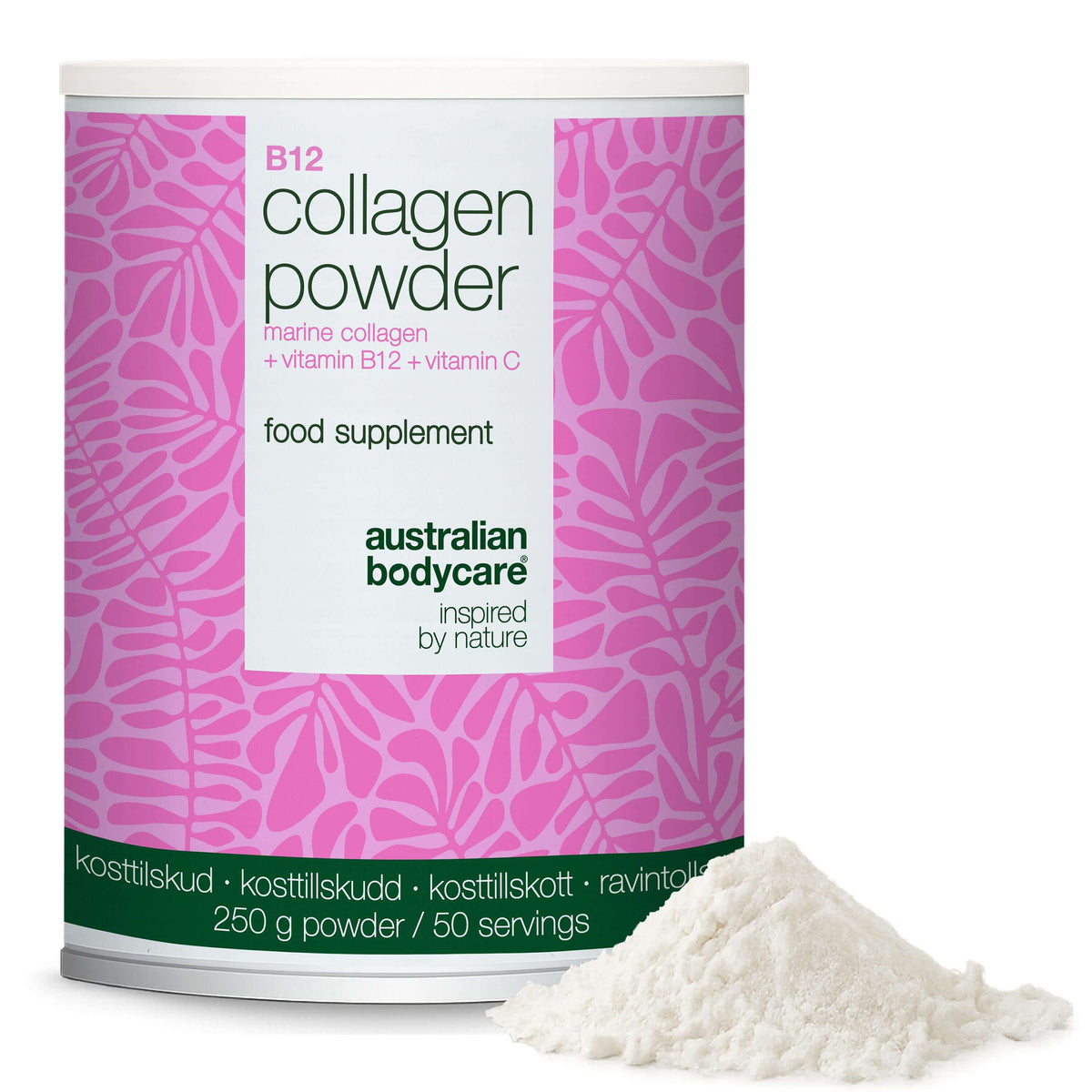 Collageen poeder met vitamine C & B12 – 250g marien — Collageen poeder voor dagelijks gebruik in voeding of drank. Met marien collageen, vitamine C en vitamine B12.