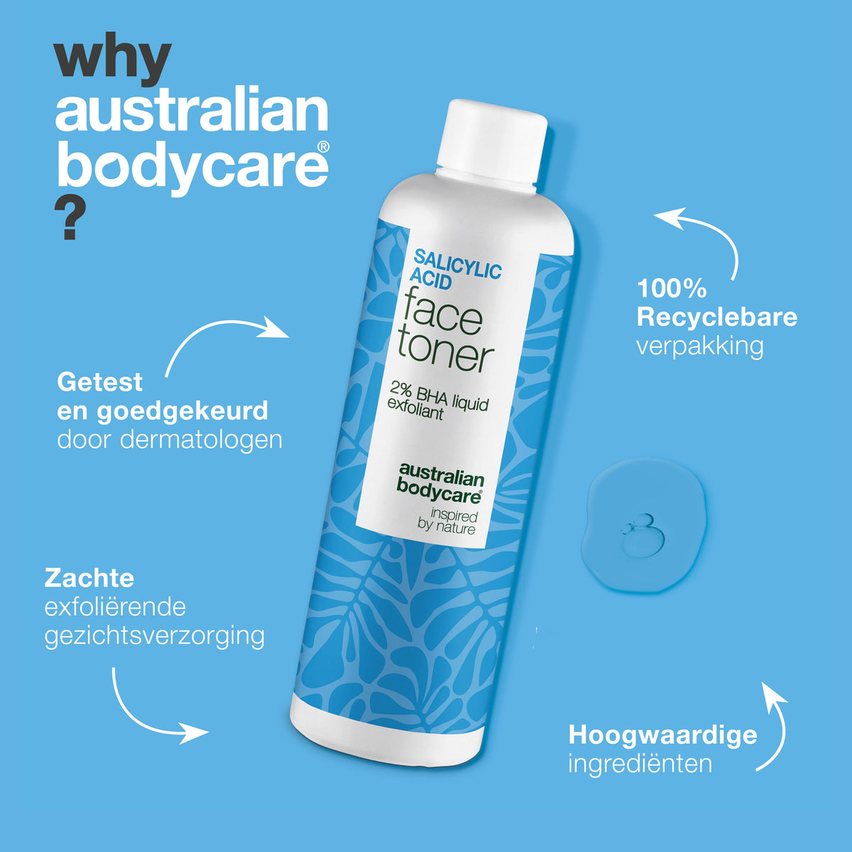 Salicylzuur-toner voor puistjes en vergrote poriën — Salicylzuur-exfoliant reinigt poriën, vermindert puistjes en verfijnt de huidstructuur. Perfect voor de dagelijkse verzorging.