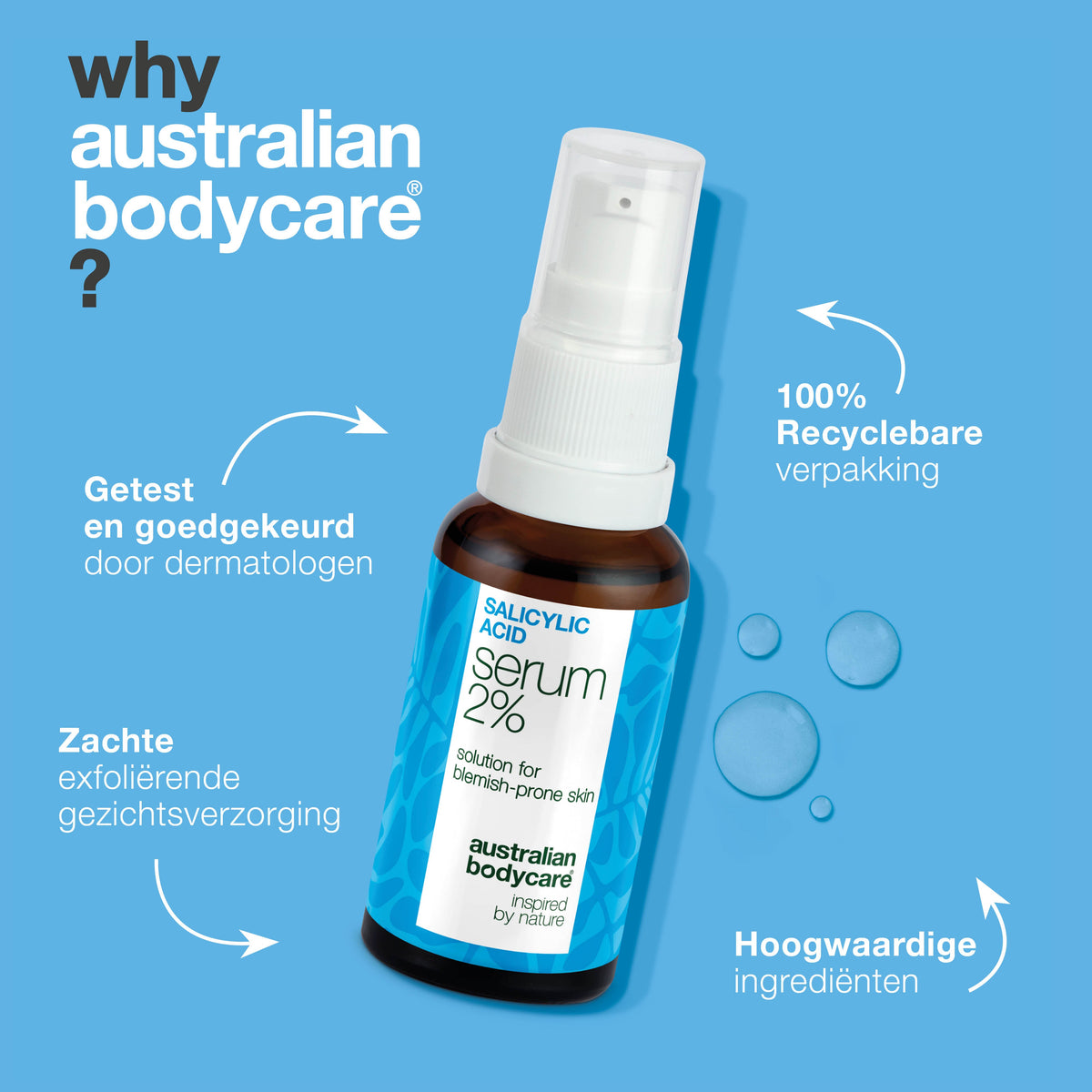 Salicylzuur serum voor mee-eters, vette huid en verstopte poriën — Salicylzuur serum bij vette huid, mee-eters en poriën. Met Zinc PCA, groene thee, hyaluronzuur en hydraterende glycerine.