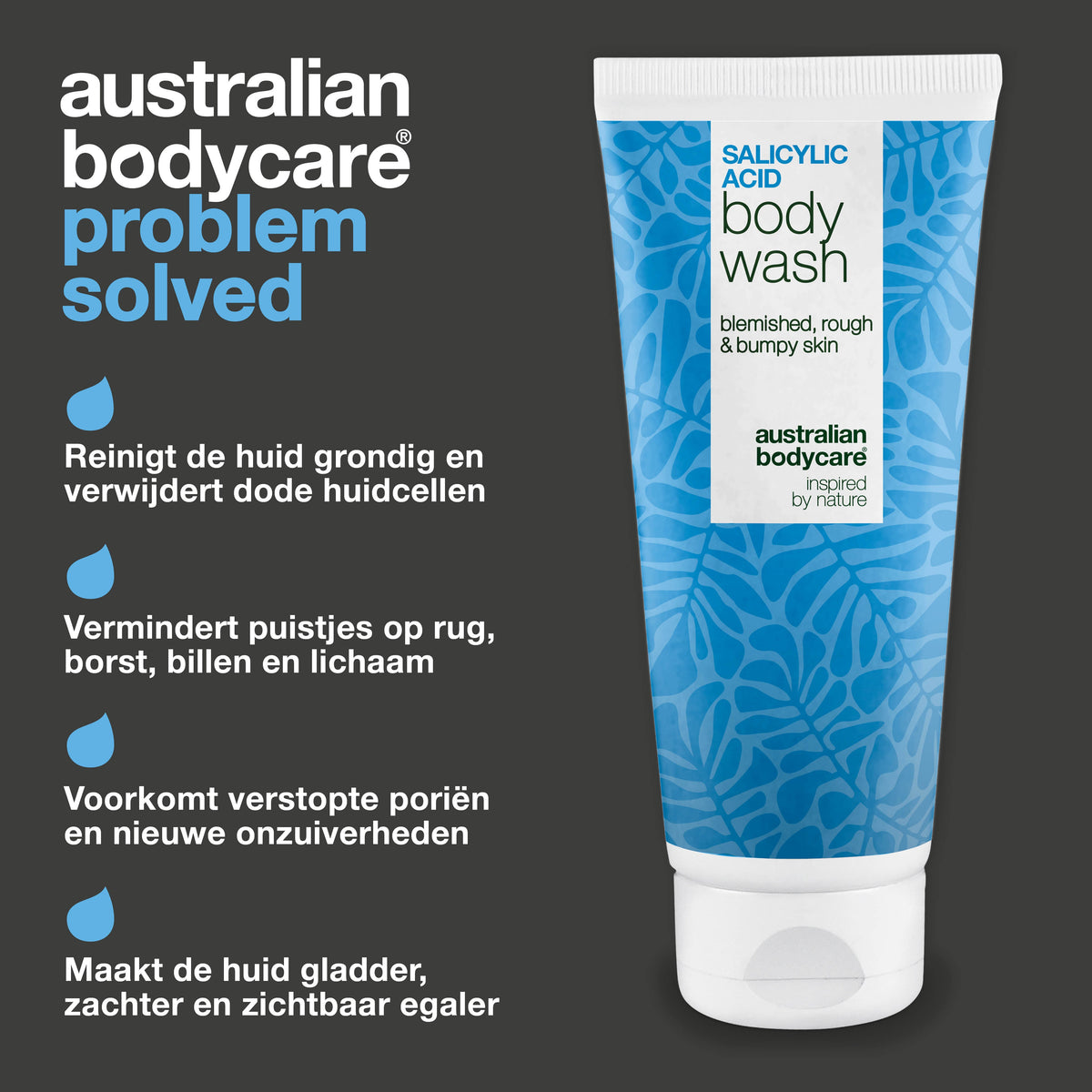 Salicylzuur Douchegel voor een onzuivere rug en billen — Salicylzuur Body Wash tegen puistjes en poriën. Met salicylzuur, niacinamide, zink PCA en hydraterende glycerine.