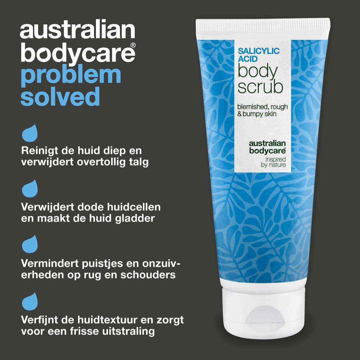 Lichaamsscrub met salicylzuur voor een zuivere en gladdere huid — Body Scrub met salicylzuur verwijdert puistjes en onzuiverheden. Bevat salicylzuur, glycolzuur, abrikozenpitpoeder en allantoïne.