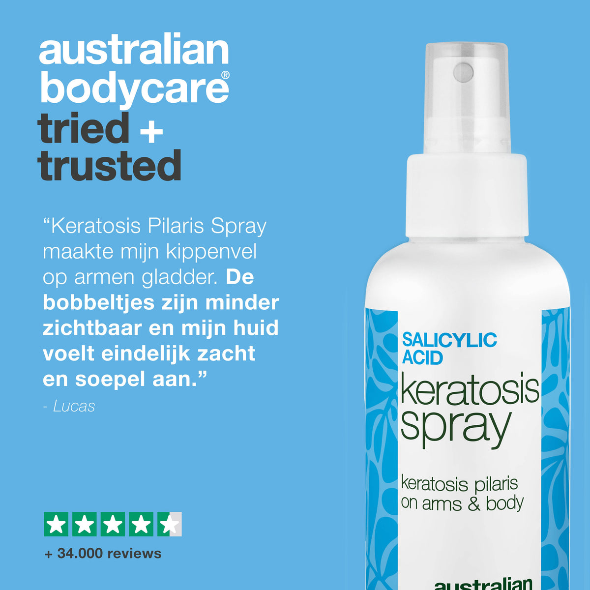 Keratosis pilaris spray tegen ruwe huid en bultjes — Keratosis pilaris spray vermindert ruwe bultjes en maakt de huid glad. Bevat salicylzuur voor diepe exfoliatie.