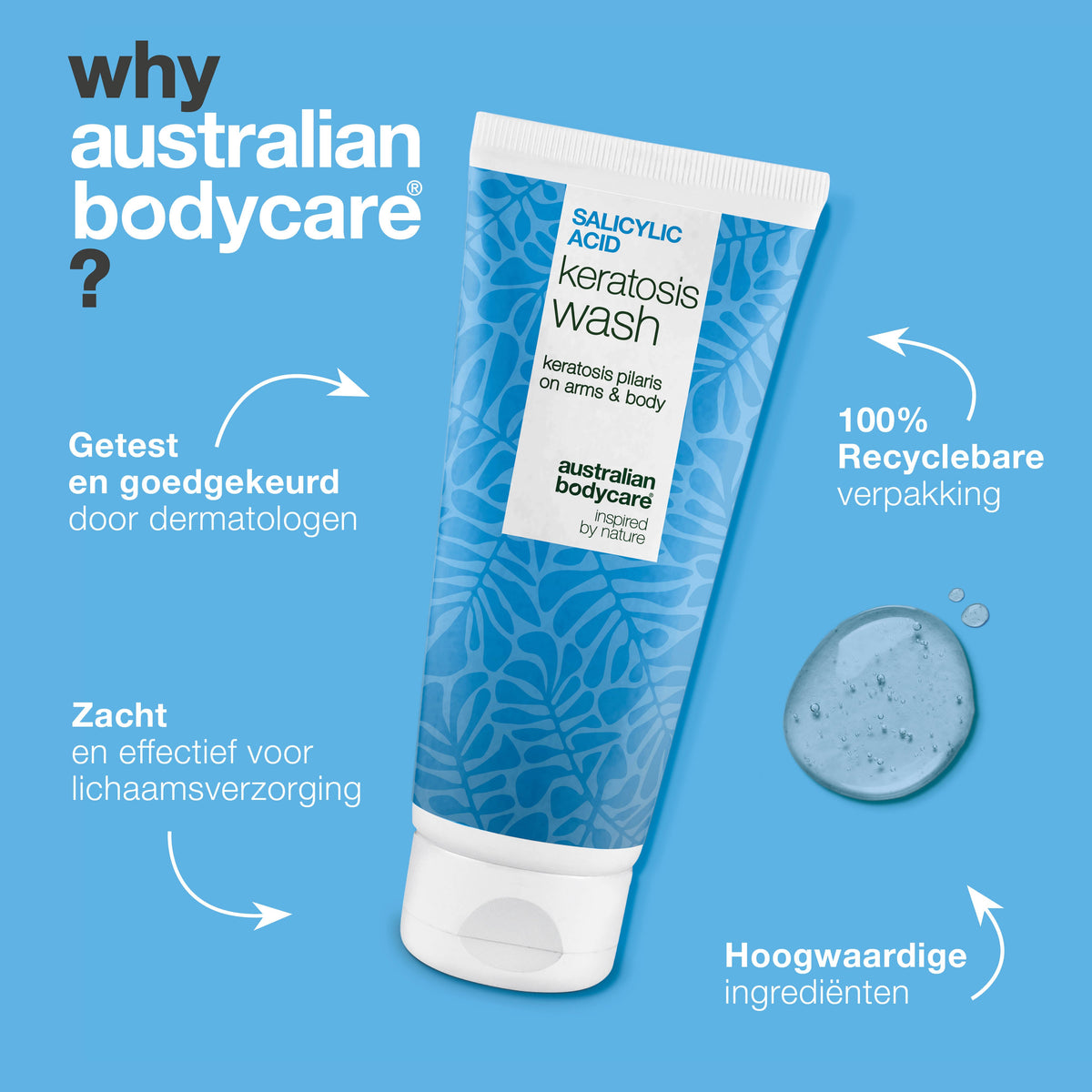 Keratosis Pilaris Douchegel – tegen ruwe en bobbelige huid — Keratosis Pilaris Body Wash tegen ruwe huid en bultjes door keratosis pilaris. Met salicylzuur, niacinamide en glycerine.