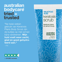 Keratosis Pilaris Lichaamsscrub tegen ruwe, bobbelige huid — Keratosis Pilaris Body Scrub tegen ruwe huid en bultjes. Exfolieert en verzacht met salicylzuur, glycolzuur en glycerine.