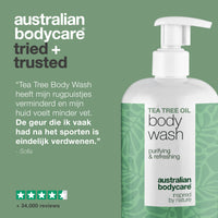 Tea Tree Body Wash tegen puistjes, zweet en vettige huid — Tea Tree Body Wash tegen puistjes, geur en talg. Met Tea Tree Oil, Zinc PCA en milde Coco-Betaine voor dagelijks gebruik.