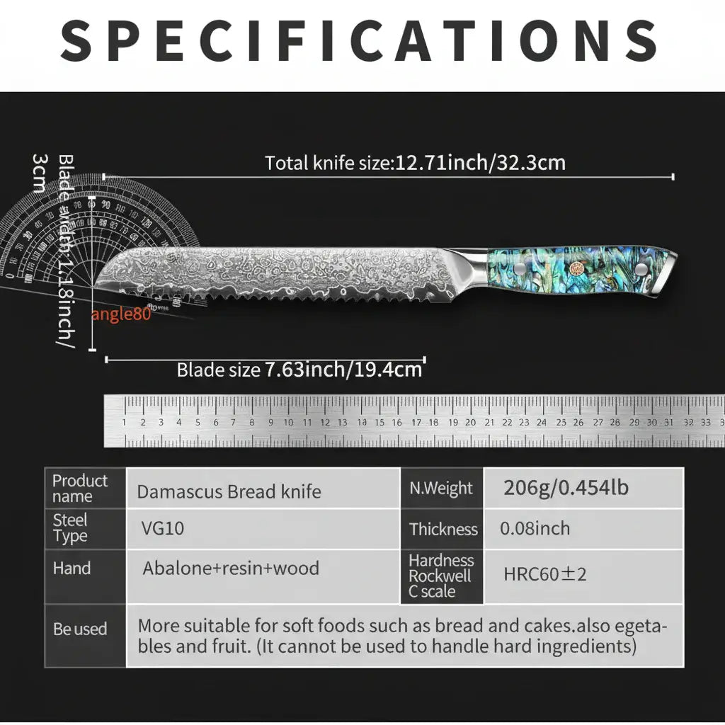 8 Inch Damascus Bread Knife  67-Layer Steel, Abalone Shell Handle