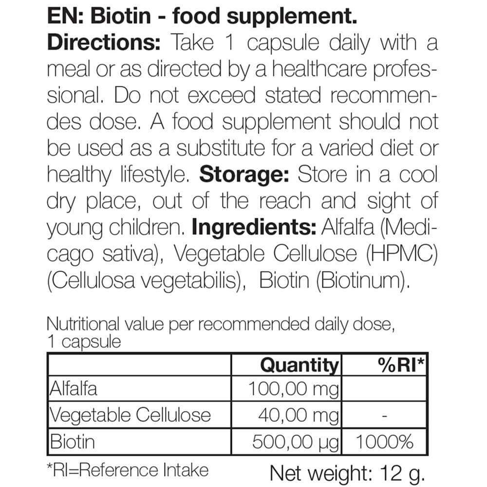 Biotine 500 µg – Dagelijks supplement met vitamine B7 – 90 stk. — Biotine 500 µg met vitamine B7 – voor dagelijks gebruik ter ondersteuning van huid, haar en slijmvliezen. Met biotine, alfalfa en cellulose.
